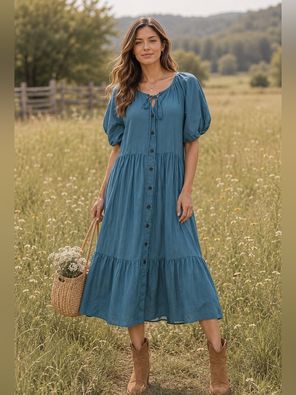 AMKOYAM Puff Sleeve Tie Neck Swing Button Down Ruffle Maxi Dress Medium NWT